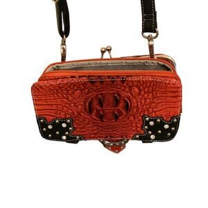 Wrangler Apparel  Trenditions Red Black Rhinestone Buckle Purse 8 x 4 1/2